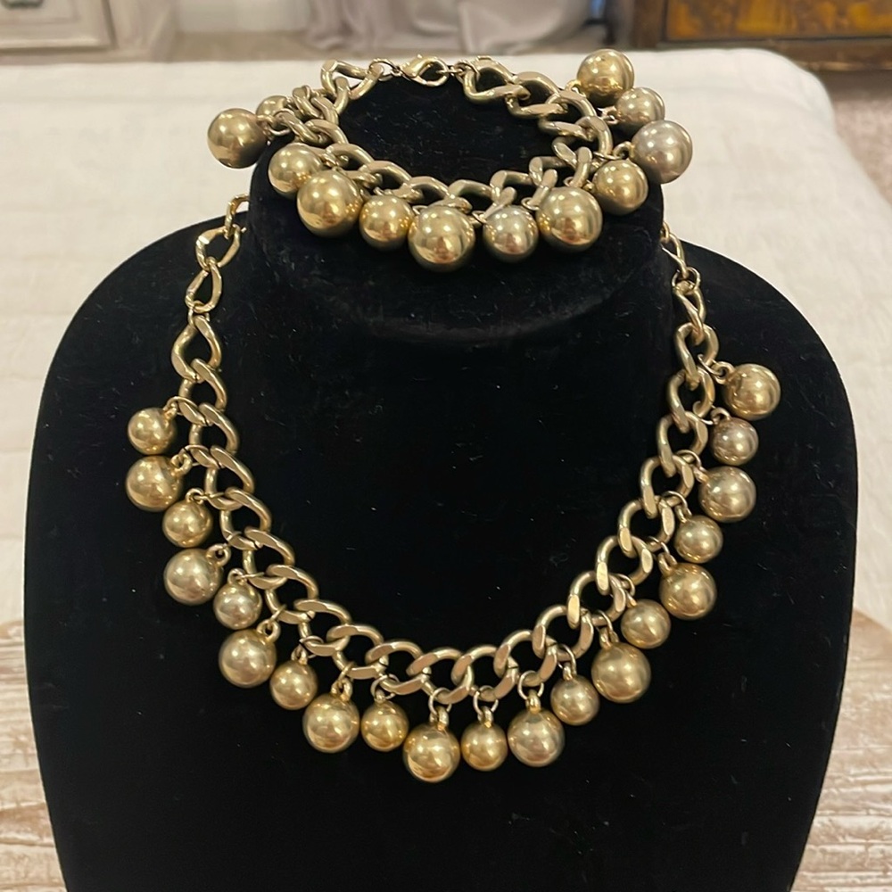 Vintage Gold Tone Beaded Choker Collar Statement Necklace and Bracelet Set